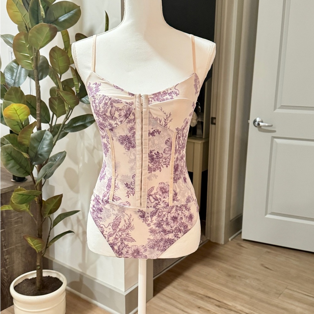 Free People Purple and Cream Floral Corset Bodysuit